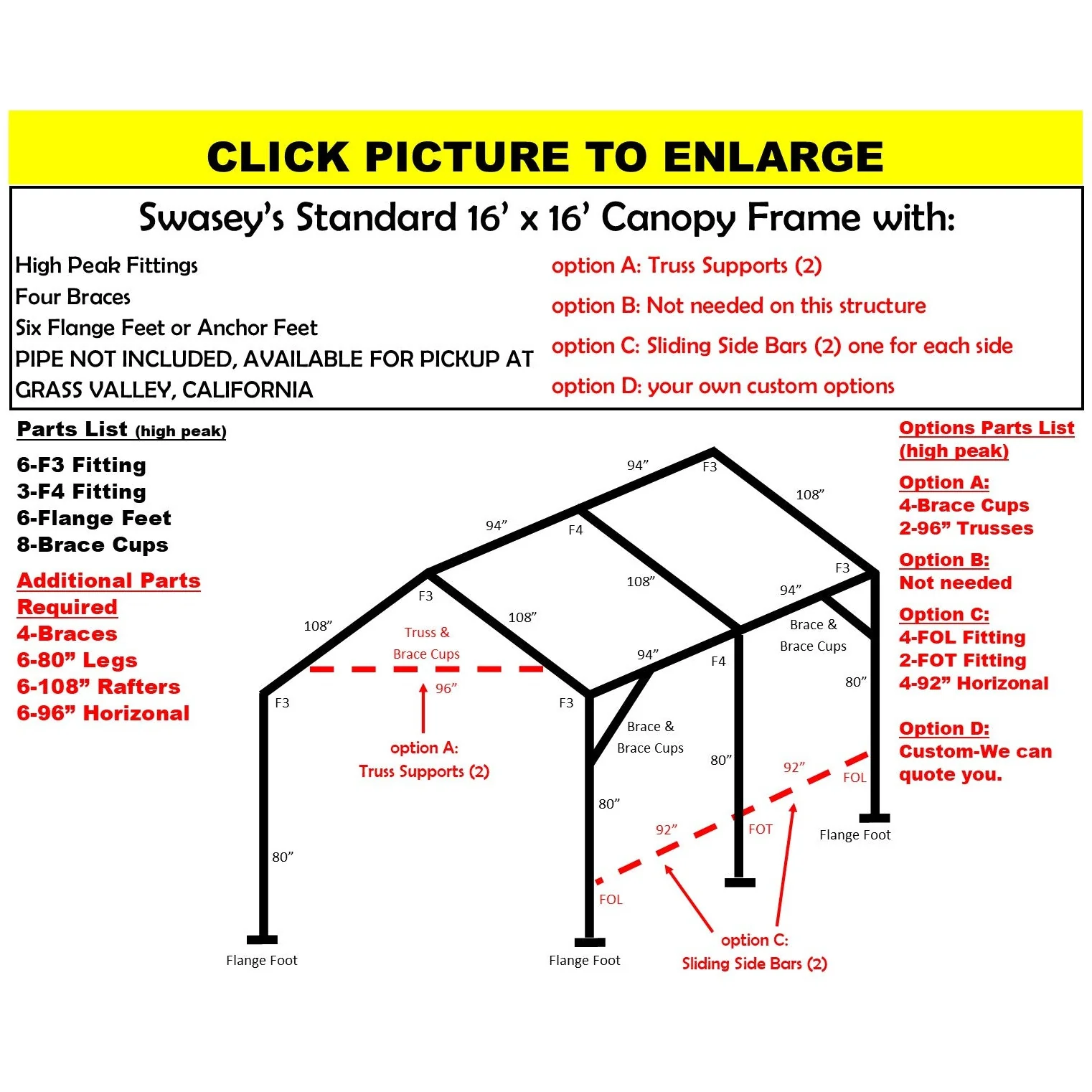 16 X 16 X 1-5/8" HD CANOPY FRAME PARTS, INCLUDES EVERYTHING EXCEPT PIPE