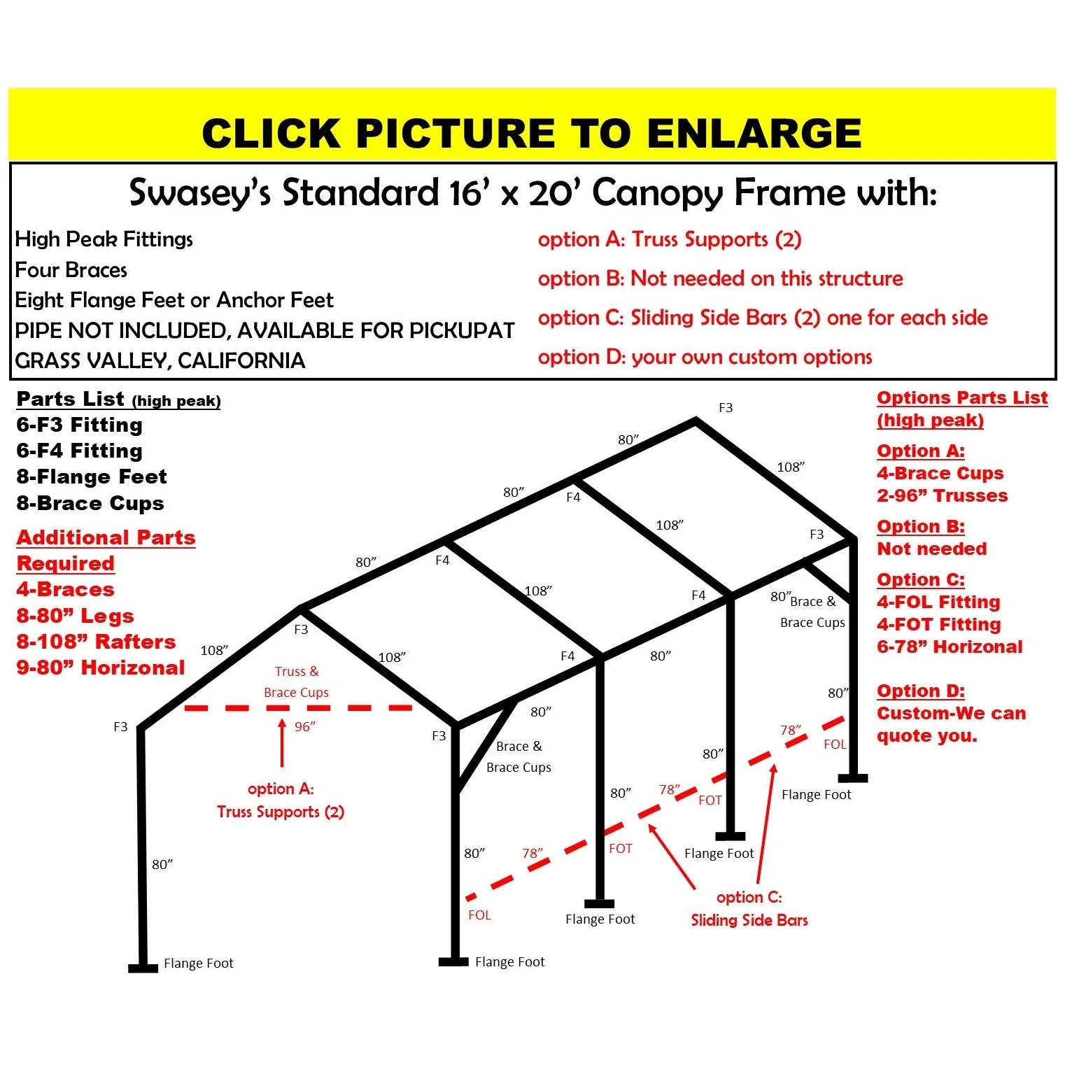 16 X 20 X 1-5/8" HD CANOPY FRAME PARTS, INCLUDES EVERYTHING EXCEPT PIPE