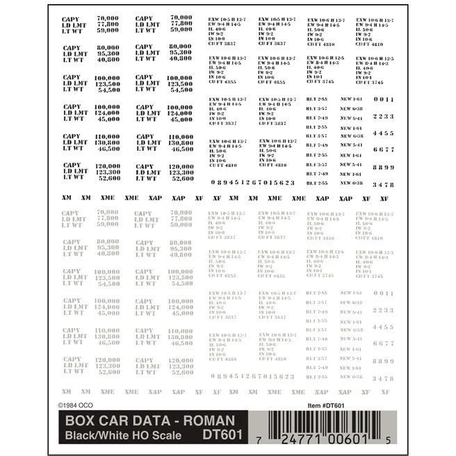 DT601 HO Boxcar Data Roman, Black/White