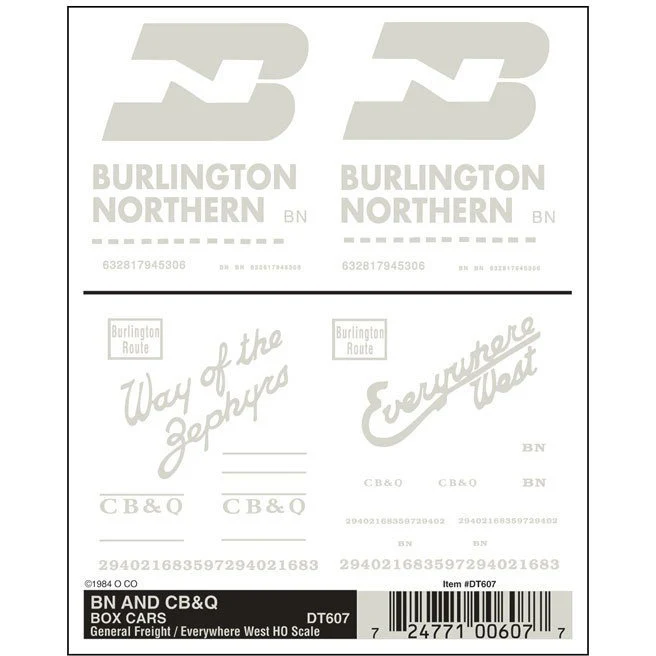DT607 HO Boxcar Dry Transfer, BN/CB&Q